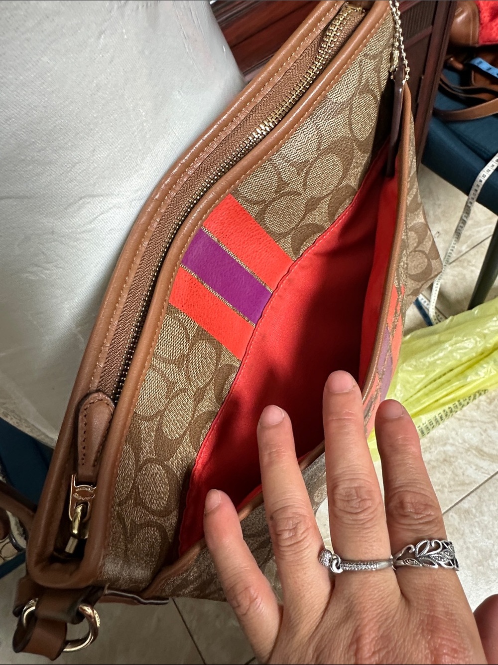Coach Brown Signature Crossbody with Pink & Orange Center Stripe - Picture 6 of 9